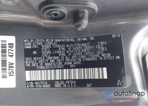 2014 Toyota Sienna Le V6 8 Passenger z USA, uszkodzony, nr VIN 5TDKK3DC2ES428567